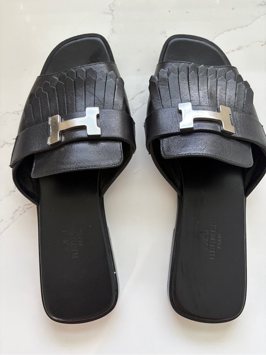 Hermes Shoes - Hermes Black Leather Fringe H silver buckle  Slide Sandals 
Size 38
 $350